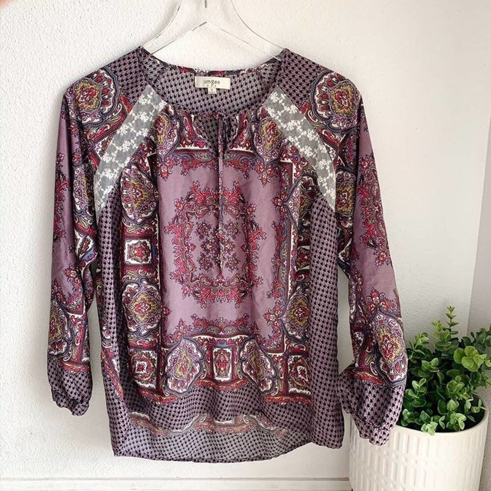 Umgee Blouse 3/4 Sleeve Purple Lace Paisley Houndstooth Blouse Small